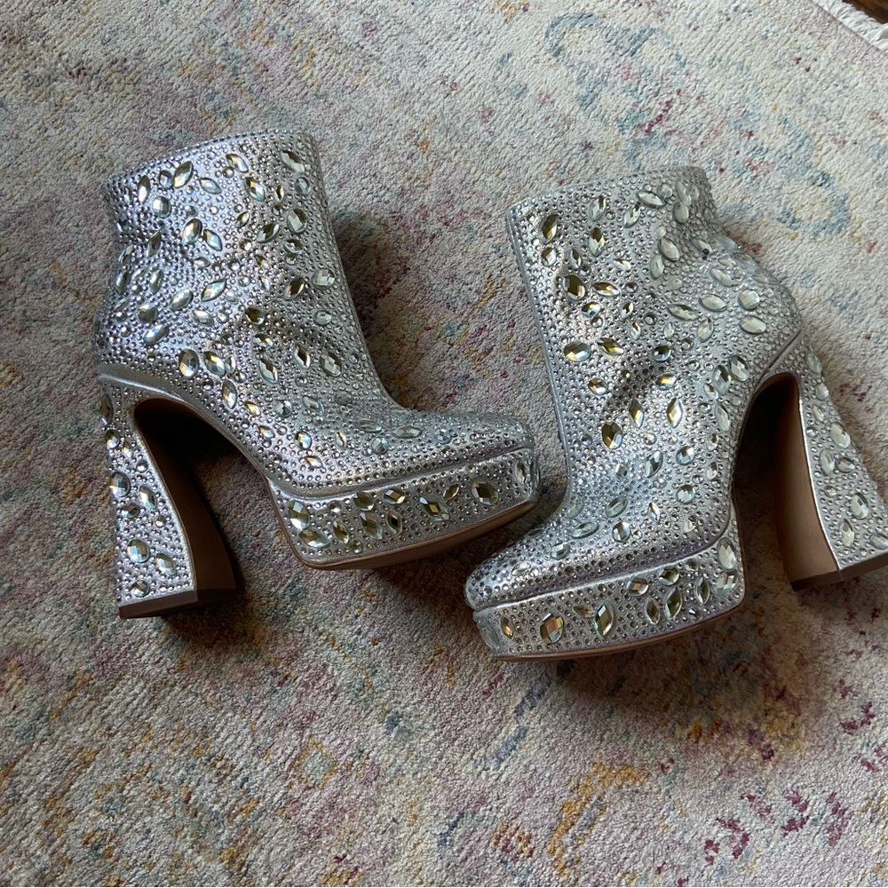 Jessica Simpson Silver Jeweled Platform Ankle Boots